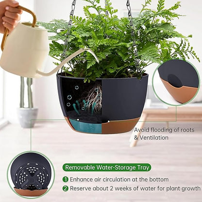 Hanging Planters for Indoor Plants, Set of 2 8/10 Inch Self-Watering Hanging Pots with Drainage Hole & Removable Water-Storage Tray II Screw-in Hooks II