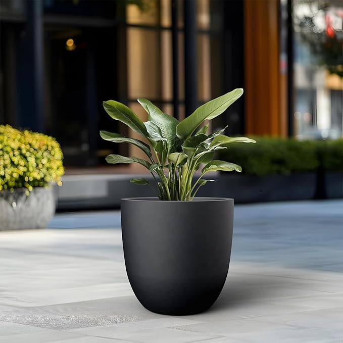 Kante Round Concrete Planter, Large Outdoor Indoor Garden Pots with Drainage Hole, 18-Inch Diameter Flower Pots for Patio, Garden and Home, Black