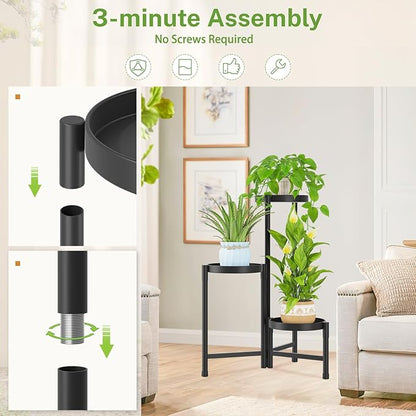 iDavosic.ly Plant Stand Indoor Outdoor, 3 Tier Corner Metal Flower Display Holder Shelf, Easy Assembly Folding Tall Orchid Rack for Patio Balcony Porch Garden Living Room House, Black