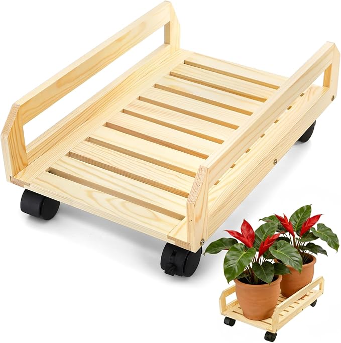 Wood Plant Caddy, Heavy Duty Plant Stand with Lockable Wheels, Rectangular Pot Dolly Flower Mover for Indoor Outdoor, Holds up to 100 Lbs