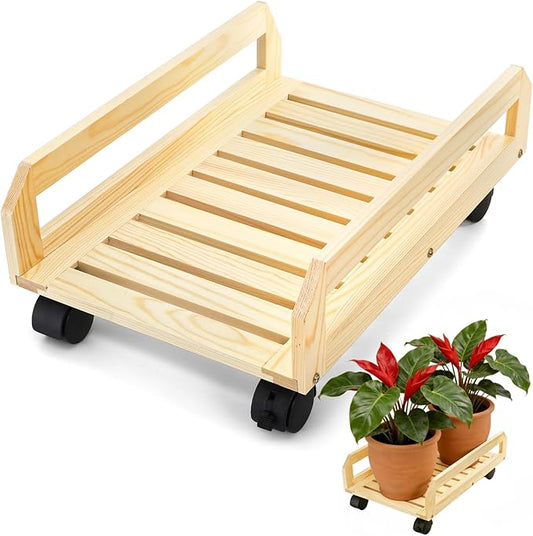 Wood Plant Caddy, Heavy Duty Plant Stand with Lockable Wheels, Rectangular Pot Dolly Flower Mover for Indoor Outdoor, Holds up to 100 Lbs