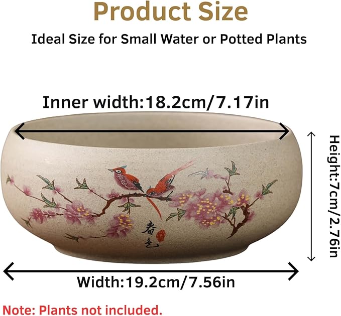 Lotus Bowl Planter, Ceramic Water Lily Bowl, Hydroponic Bonsai Lotus Bowls for Water Plants Indoor, Succulent Pots, Leak-Proof Spring Bird Design (7.56in*2.76in)