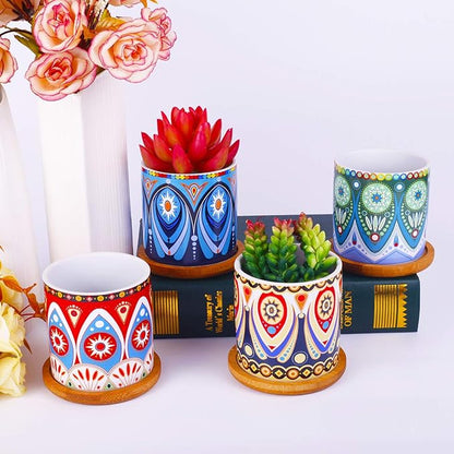 4 Pcs Colorful Mini Ceramic Cylinder Succulent Plant Pots with Bamboo Trays, Thumb Flower Pots for Small Plants and Decorative Objects - Colorful Mandala Styles