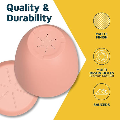 Pink Plant Pots with Drainage Holes & Saucers 3 Pack, Indoor & Outdoor Stackable Space-Saving Planters for Houseplants & Flowers, (7", 6.7", and 6" Inches), Durable & Weatherproof Materials