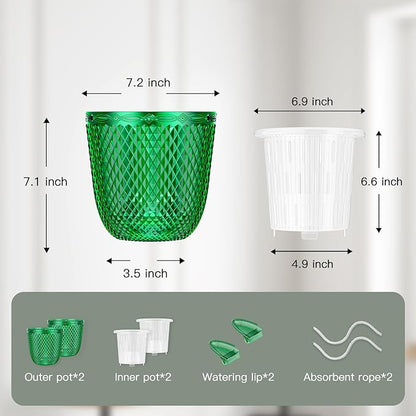 QCQHDU 2 Pack Self Watering Pots, 7.2 Inch Flower Pots with Drainage Holes and Water Filling Port, Garden Planter for Indoor Outdoor Plants (Emerald)