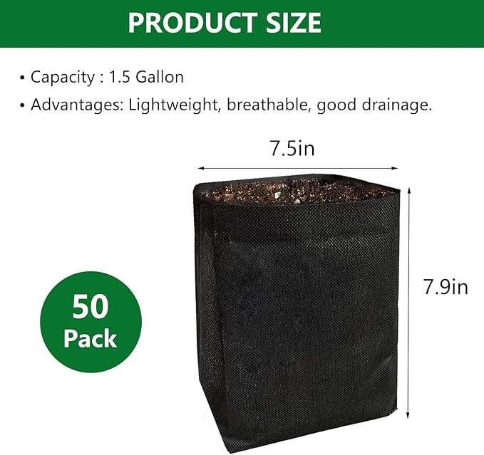 Belit 1.5 Gallon Plant Nursery Bags, 50 Pcs Non-Woven Grow Bags for Vegetable, Flower, Starting saplings