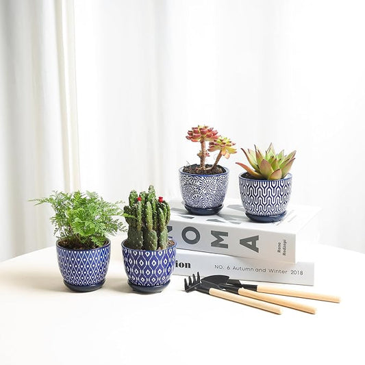 Selamica Ceramic Succulent Pots, 3.5 Inch Small Plant Pots for Indoor Plants Cactus Herbs, Succulent Planters with Drainage Holes & Saucers, Home Decor, Set of 6, Vintage Blue