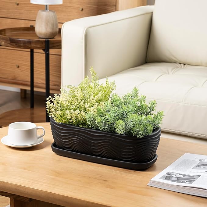 MyGift 13.5 inch Succulent Planter Pot, Oval Modern Ceramic Plant Box Container with Wave Textured Pattern and Removable Saucer Drip Tray (Black)