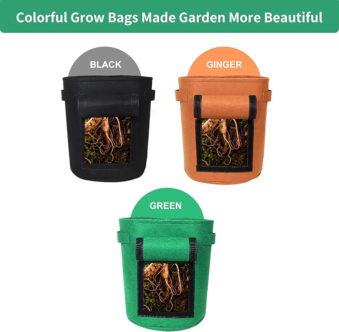 6-Pack 7 Gallon Grow Bags with Harvest Window Thickened 300g Nonwoven Fabric Heavy Duty Plant Pots for Vegetables Potato Coriander Containers with Handles Mix (2xBlack,Green,Orange)