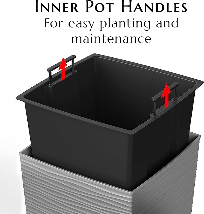 Mueller Janska M-Resin Heavy Duty Tall Planter, Indoor/Outdoor Grande Plant, Tree, Flower Pot, 2-Piece Set, 27.5”, Modern Design, Built-in Drainage, Light Grey
