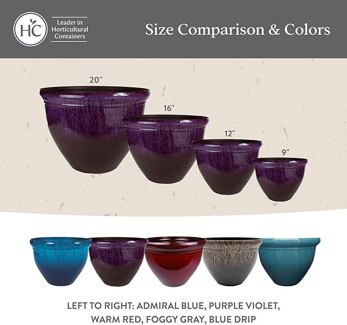The HC Companies 12 Inch Pizzazz Round Planter Pots with Ceramic Look, Lightweight UV-Resistant Plastic Indoor & Outdoor Planters, 2-Pack Flower Pots for Garden & Home Decor, Admiral Blue