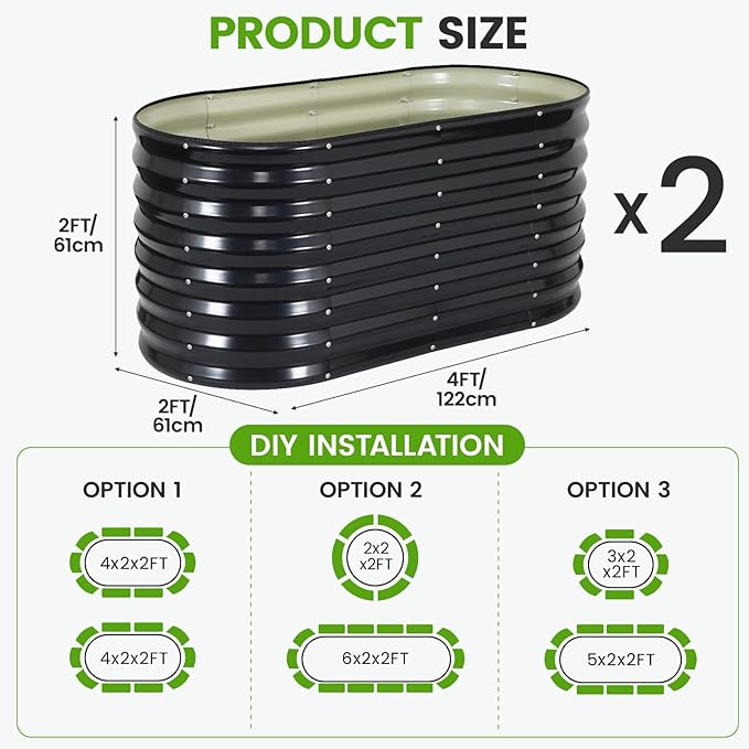Galvanized Raised Garden Bed Outdoor 24'' Deep | Oval Metal Garden Beds with Easy Assembly & Planter Box for Planting Deep Root Vegetables Fruits Flowers, 4x2x2ft Grey 2pcs