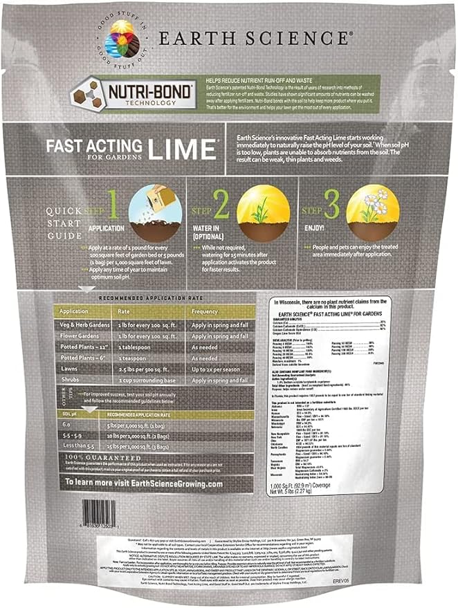 Earth Science Fast Acting Lime Granules—5lb— Instantly Raise pH of Soil & Reduce Nutrient Runoff for Improved Growth & Color - Long Lasting Lawn Care with Calcium