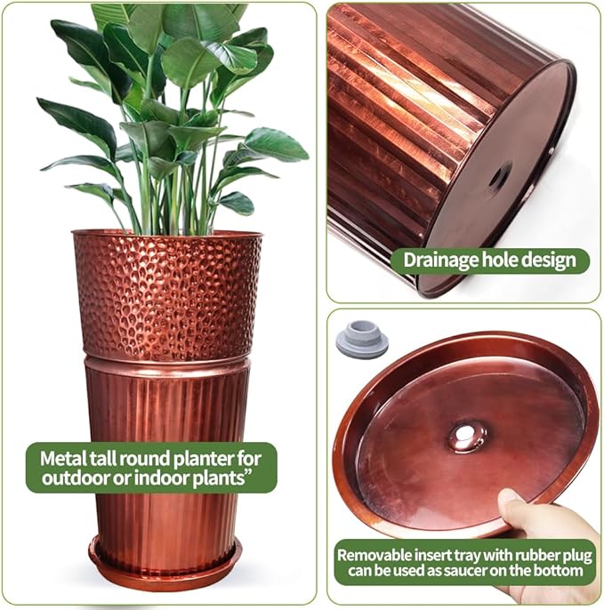 2 Pcs Pack Metal Tall Tapered Planter Pots Large Round Planter Flower Pot with Drainage Holes for Indoor Outdoor Deck Porch Garden Home Patio Front Door (Glossy Copper, Small)