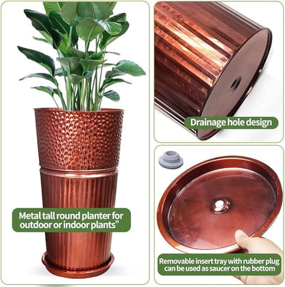 2 Pcs Pack Metal Tall Tapered Planter Pots Large Round Planter Flower Pot with Drainage Holes for Indoor Outdoor Deck Porch Garden Home Patio Front Door (Glossy Copper, Small)
