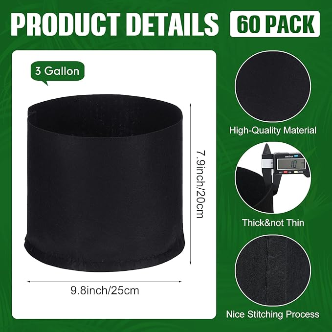 Zubebe 60 Pack Plant Grow Bags Bulk Garden Bags Aeration Grow Pots Heavy Duty Thickened Nonwoven Fabric Plant Pots Black Planting Container for Potato Tomato Vegetable Flower Fruits (3 Gallon)
