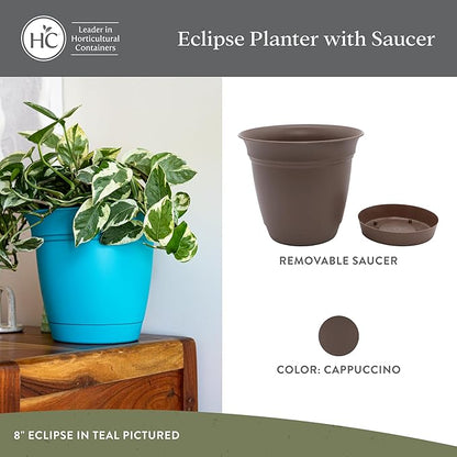 The HC Companies 12 Inch Eclipse Round Planter Pots with Drainage Holes & Attached Saucer, Lightweight UV-Resistant Plastic Indoor & Outdoor Planters, 2-Pack Flower Pots, Garden Home Decor, Cappuccino