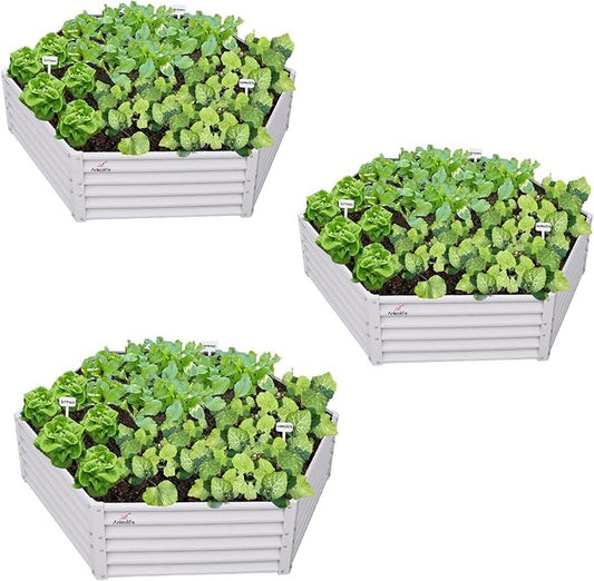 A ANLEOLIFE 3 Set Hexagon Galvanized Raised Garden Beds Outdoor,70x60x18in Metal Planter Box for Planting Vegetables Flowers Herb, Anti-Rust & Easy-Setup, Antique White