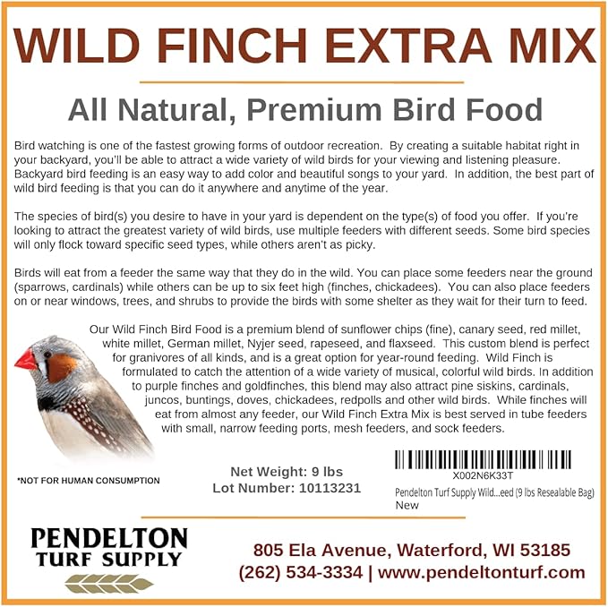 Pendelton Turf Supply Wild Finch Mix Extra | All-Natural, Premium Bird Seed (9 lbs Resealable Bag)