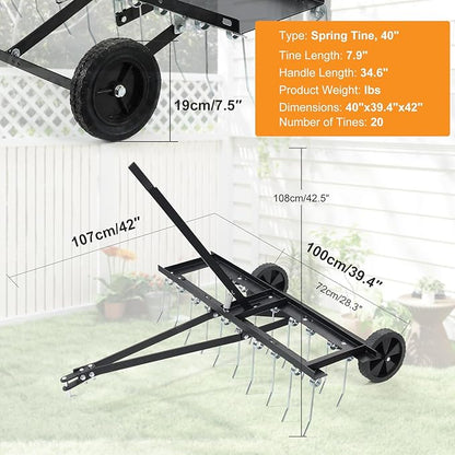 Tow Behind Dethatcher: 40inch Pull Behind Lawn Rake with 20 Spring Steel Tines Heavy Duty Lawn Tractor Attachments for Large Yard Garden Care