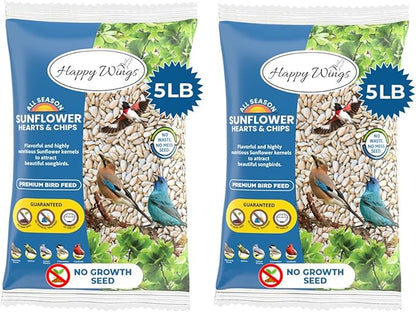 Happy Wings Sunflower Hearts & Chips Bird Food 5 lbs- Combo Pack of 2I No Mess, No Waste Seed No Grow Formula Ideal for Wild Birds, Finches, Sparrows, and Year-Round Feeding.