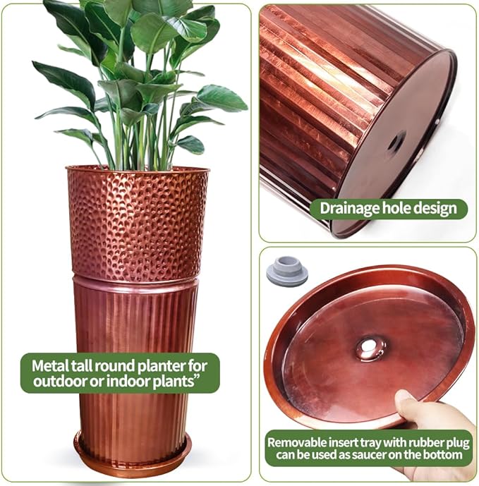 2 Pcs Pack Metal Tall Tapered Planter Pots Large Round Planter Flower Pot with Drainage Holes for Indoor Outdoor Deck Porch Garden Home Patio Front Door (Glossy Copper, Medium)