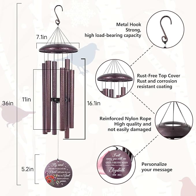ASTARIN Personalized Memorial Wind Chime for Loss of Loved One 30/36/45 inch, Sympathy Deep Tone Wind Chimes for Mom Dad/Mother Father, Remembrance Gifts for Grief Condolence Funeral, Produced in USA