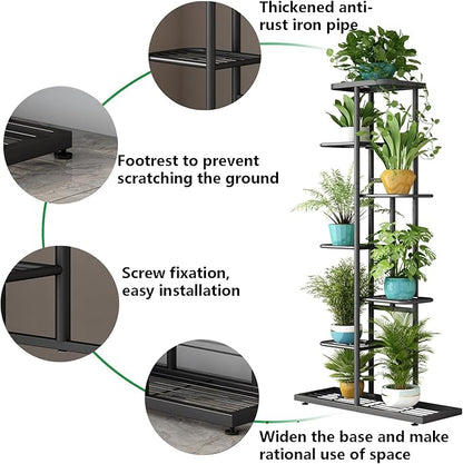 LINZINAR Plant Stand Metal 7 Tier 8 Potted Multiple Flower Pot Holder Shelf Indoor Outdoor Planter Display Shelving Unit for Patio Garden Corner Balcony Living Room, DarkGrey