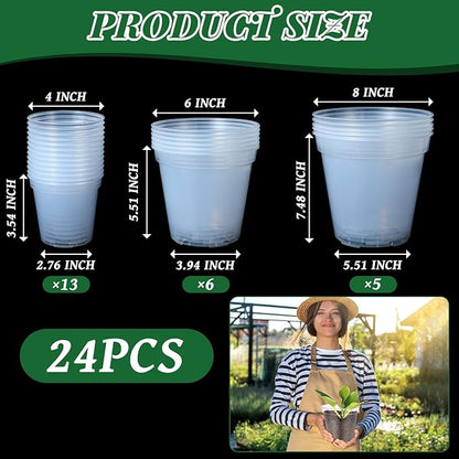 Maxcheck 24 Pcs Thick Clear Nursery Pots for Plants Transparent Plastic Garden Pots with Holes for Seedling Variety Plants Growing in Garden Home (4+6+8 Inch)