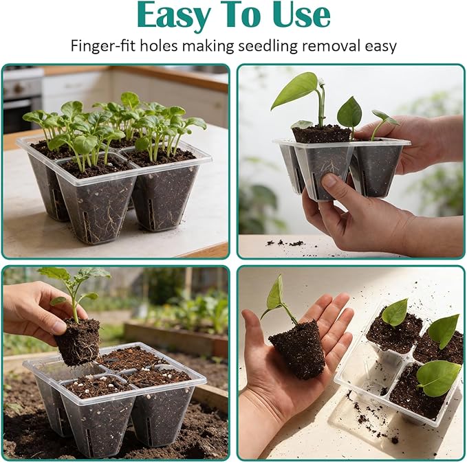 40 Pack Reusable 4-Cell Seed Starter Trays with Large Drainage Holes - Clear Transparent Trays for Root Growth Monitoring, Avoids Overwatering, Easy Transplant, Fits Standard 1020 Trays