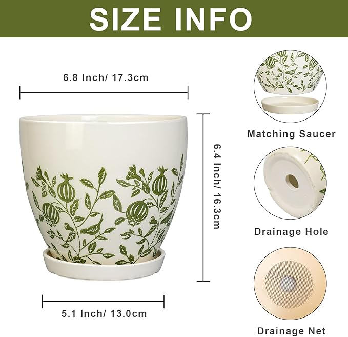 Ceramic Pot for Plants 6.8 Inch - Ceramic Plant Pot Indoor with Drainage Hole and Saucer, Round Boho Planter for Indoor Outdoor Plants, Plant Lover Gifts, Home Office Garden Decor, White