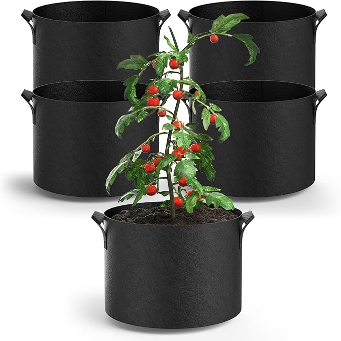 5-Pack Grow Bags 5 Gallon Thickened Plant Grow Bags Multi-Purpose Nonwoven Fabric Pots with Durable Handles, Outdoor Garden Plant Pots for Fruits Vegetables Flowers Herb Bonsai Plants, Black