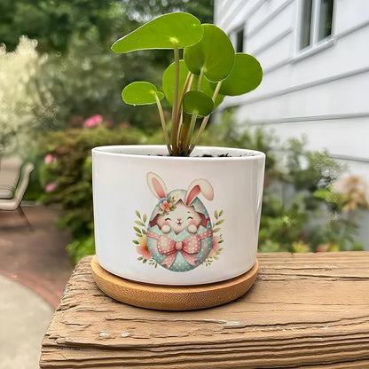 DreamAutumn Easter Bunny Peeking Ceramic Pots for Plants with Drainage Holes Round Flower Pot Bamboo Tray Orchid Pot Succulents Pots for Outdoor Indoor Plants