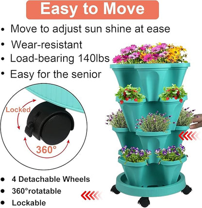 Vertical Planter 4 Tier Stackable Planters Garden Planters Strawberry Herb Flower and Vegetable Planter Indoor Outdoor Gardening Pots with Removable Wheels and Tools