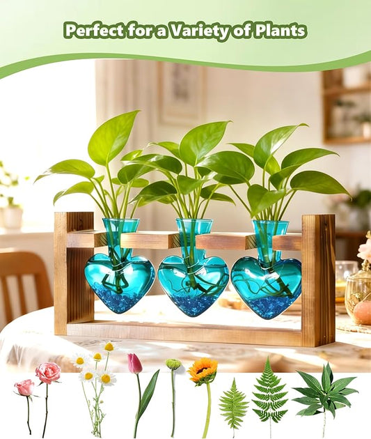 Nacome Plant Terrarium Propagation Stations: Birthday Gifts for Plant Lovers Women Mom Wife Daughter - 3 Bulb Glass Vase with Wooden Stand Tabletop for Hydroponics Home Garden Wall Decor
