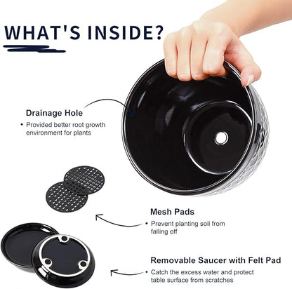 Sureasy Ceramic Indoor Plant Pots - 5.6 Inch Flower Pots for Plants with Drainage Hole and Saucer, Embossed Planter for Succulents, Orchid, Cactus, Indoor Home Decor, Set of 4, Black