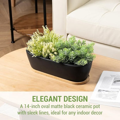 MyGift 14 Inch Oval Modern Matte Black Ceramic Succulent Planter Pot with Drainage Hole and Removable Bamboo Saucer, Decorative Indoor House Plant Container for Flowers, Cactus, Herbs