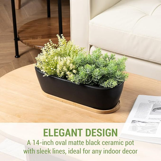 MyGift 14 Inch Oval Modern Matte Black Ceramic Succulent Planter Pot with Drainage Hole and Removable Bamboo Saucer, Decorative Indoor House Plant Container for Flowers, Cactus, Herbs