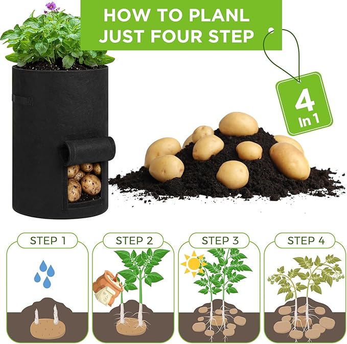 4 Pack 30 Gallon Potato Grow Bags with Harvest Window, Durable Garden Planter Bags with Handles for Potatoes, Tomatoes, and Vegetables - Indoor & Outdoor Gardening Supplies (Black,Gray)
