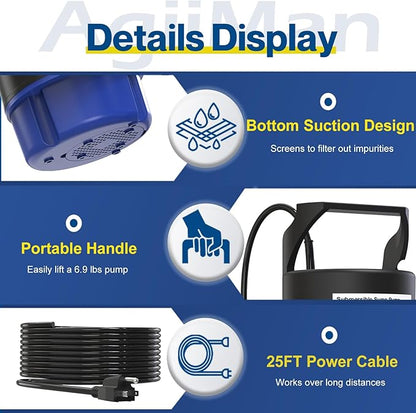 AgiiMan 1/2HP Submersible Water Pump, 2200GPH Portable Sump Pump for Pool Draining, Pool Cover Pump with 25FT Power Cord for Basements, Pool, Fountains, Hot Tub, Garden, Blue