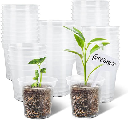 GREANER 60 Pcs Nursery Pots for Plants, 2.4 Inch Small Starter Seed for Seedling, Transparent Plastic Plant Pots with Bonus 20 Plant Labels-Clear