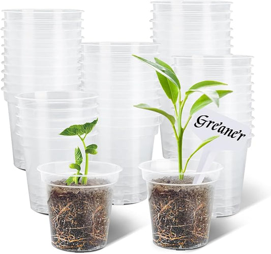 GREANER 60 Pcs Nursery Pots for Plants, 2.4 Inch Small Starter Seed for Seedling, Transparent Plastic Plant Pots with Bonus 20 Plant Labels-Clear