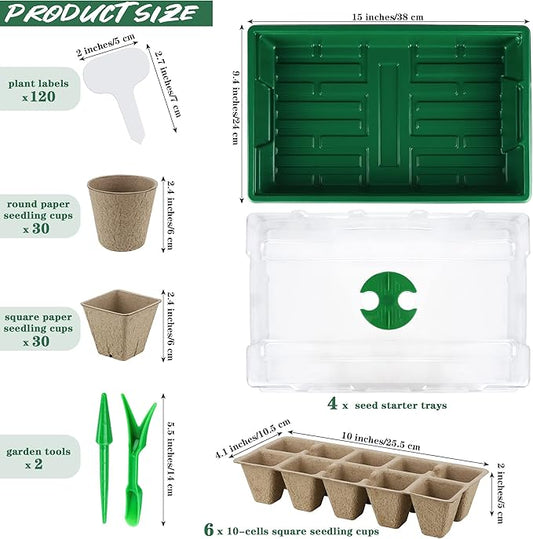 4 Pack Seed Starter Tray Set Plants Growing Trays Peat Pots for Seedlings with Seed Starter Pots, Plastic Germination Tray, Plant Labels, Tool for Flower Vegetable Planting, Green