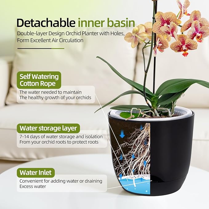 QCQHDU 2 Pack 5.7 Inch Orchid Pots with Holes for Repotting, Double-Layer and Self Watering Orchid Pot with Good Air Circulation