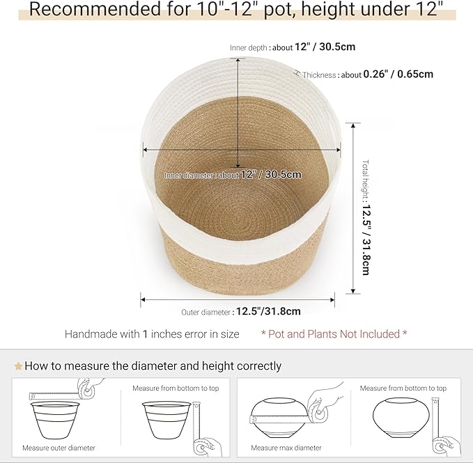 Dahey Jute Spliced Cotton Rope Plant Basket Modern Woven Storage Basket for 12" Floor Indoor Planter, Decorative Flower Pots Cover Laundry Bin with Handle Rustic Home Decor, White and Beige