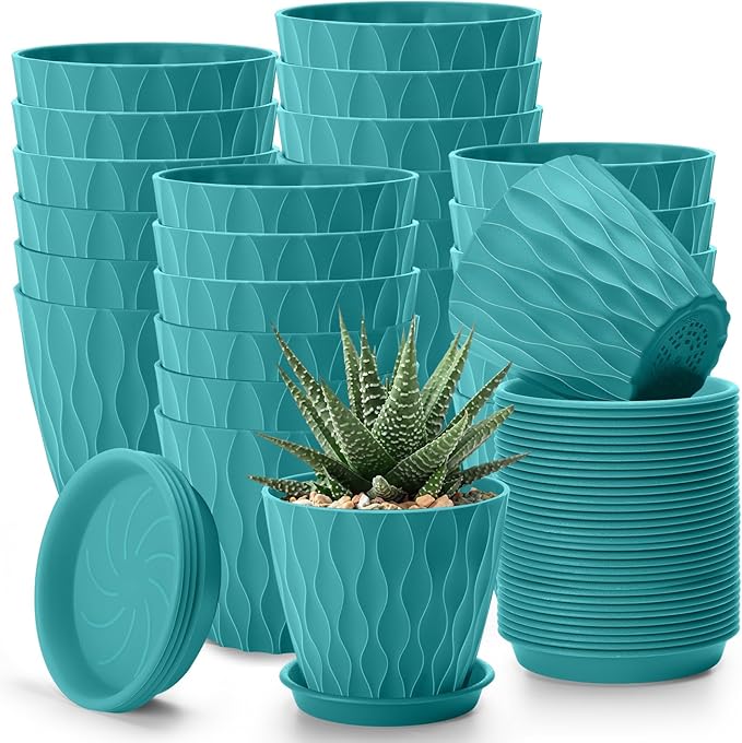 24 Pack 4 Inch Plant Pots Bulk Small Pots for Succulents Waffle Texture Plastic Planter with Drainage Holes and Saucers for Indoor Outdoor Plants Flowers, Seedlings (Lake Green)
