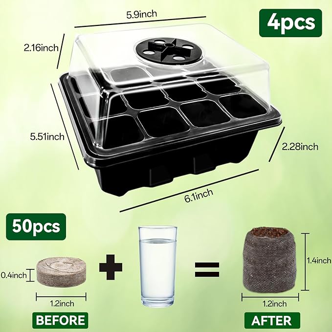 Halatool 8 Pack Seed Starter Tray with 100 PCS Peat Pellets, 96 Cells Black Plant Germination Trays for Organic Seed Starter Soil Pods for Planting Vegetables Plants Flowers Herbs - Starting Seeds Kit
