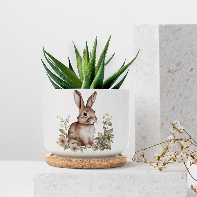 DreamAutumn Watercolor Easter Bunny Ceramic Pots for Plants with Drainage Holes Round Flower Pot Bamboo Tray Orchid Pot Succulents Pots for Outdoor Indoor Plants