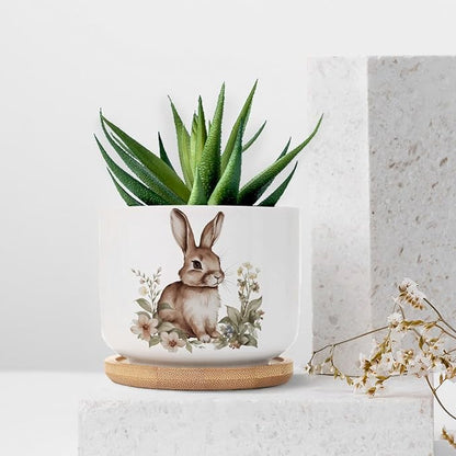 DreamAutumn Watercolor Easter Bunny Ceramic Pots for Plants with Drainage Holes Round Flower Pot Bamboo Tray Orchid Pot Succulents Pots for Outdoor Indoor Plants