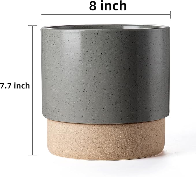 Self Watering Ceramic Planter: 8 Inch Plant Pot with Drainage Hole & Water Storage Plus for Outdoor & Indoor Plants, Succulents, Herbs - Flower Pot for Home or Office Decor - Dark Grey